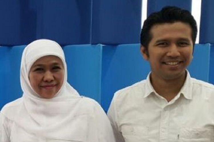 Pasangan calon gubernur dan wakil gubernur Jawa Timur pada Pilkada 2018, Khofifah Indar Parawansa dan Emil Dardak, di Studio Kompas TV, Rabu (7/3/2018).