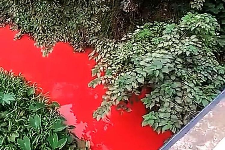 Sungai Xiangbi di kota Yibin China berwarna merah darah pada Jumat (29/6/2018).