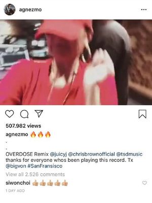 Member Super Junior memberi emoji lima jempol pada unggahan Agnez Mo tentang lagu Overdose Remix.