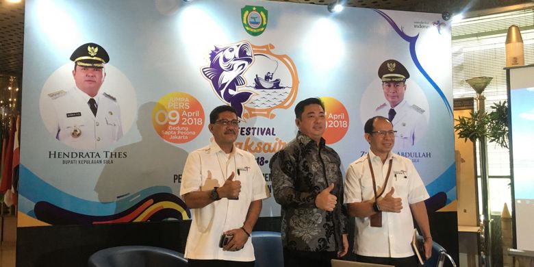 Konferensi pers Festival Maksaira 2018 yang akan berlangsung di Pantai Wai Ipa hingga pantai Desa Bajo, Kabupaten Kepulauan Sula, Provinsi Maluku Utara pada Minggu 15 April 2018, Jakarta, Senin (9/4/2018). 