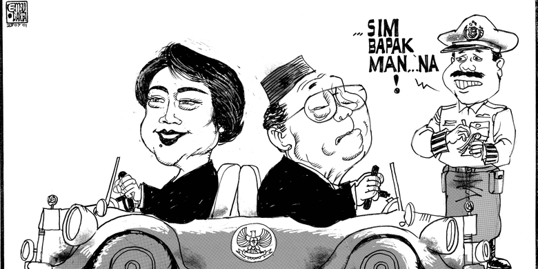 Karikatur karya Kartunis Harian Kompas GM Sudarta yang dimuat Selasa (24/6/2001) satu hari pasca-pelantikan Megawati Soekarnoputri sebagai Presiden ke-5 Indonesia menggantikan Abdurrahman Wahid atau Gus Dur.