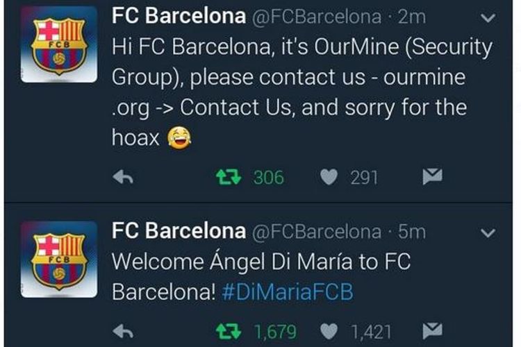 Akun Twitter FC Barcelona yang diretas. Dalam cuitan akun yang biasanya mengunggah kabar berbahasa Spanyol ini, muncul kabar Barcelona mengucapkan selamat datang kepada Angel di Maria.
