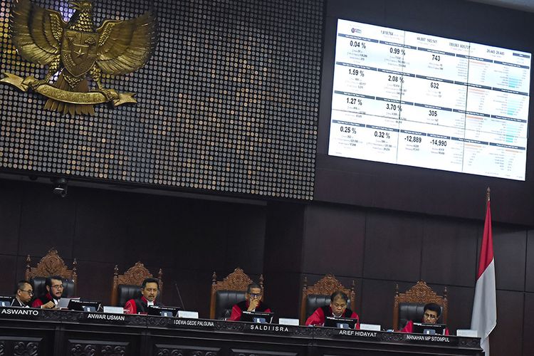 Ketua Mahkamah Konstitusi Anwar Usman (kedua kiri) bersama hakim konstitusi lainnya memimpin sidang lanjutan Perselisihan Hasil Pemilihan Umum (PHPU) presiden dan wakil presiden di gedung Mahkamah Konstitusi, Jakarta, Kamis (20/6/2019). Sidang tersebut beragendakan mendengarkan keterangan saksi dan ahli dari termohon atau dari pihak KPU.