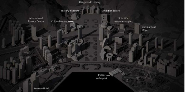 Kim Jong Un berencana untuk menghancurkan sebagian besar pusat kota Wonsan dan menggantinya dengan hotel, tempat wisata dan gedung bertingkat tinggi sebagai bagian dari kota impian yang elit. (Daily Mail)