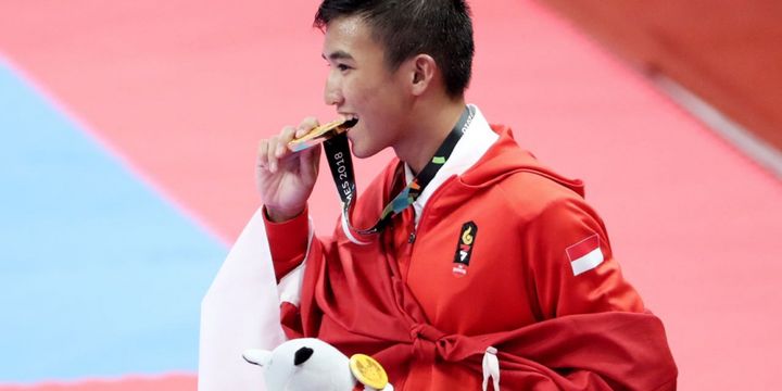 Karateka Rifki Ardiansyah Arrosyid dari nomor kumite -60 kg putra, 26 Agustus 2018. - TABLOID BOLA