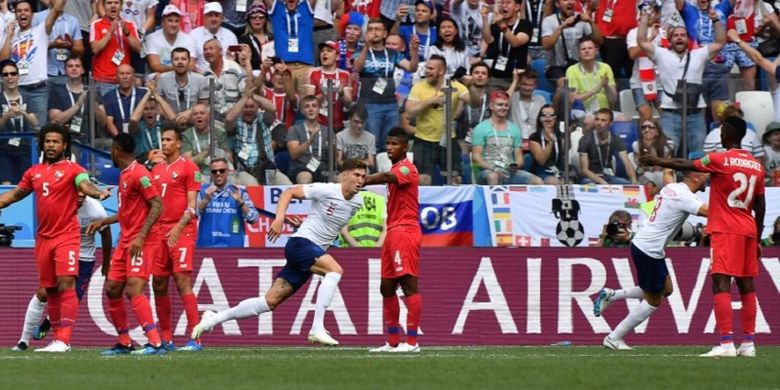 John Stones merayakan gol Inggris ke gawang Panama pada pertandingan Grup G Piala Dunia 2018 di Nizhny Novgorod, 24 Juni 2018. 