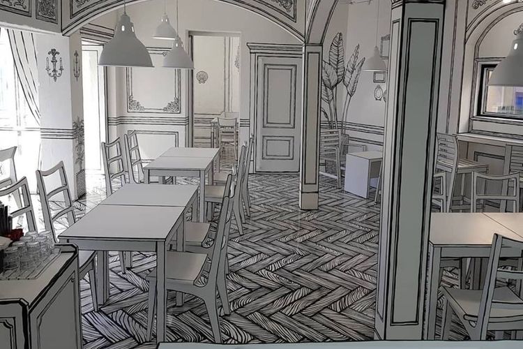 Interior kafe ini seolah mengajak pelanggan untuk memasuki dunia kartun dua dimensi.