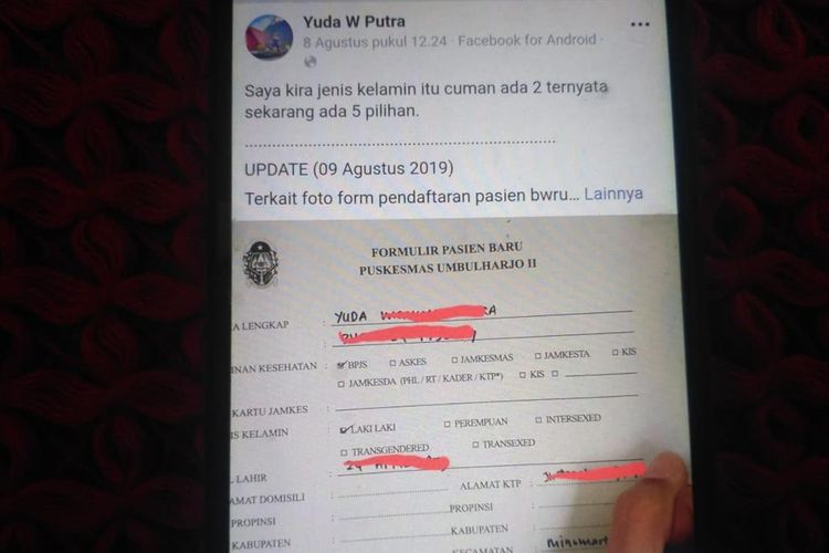 Foto formulir pasien di Puskesmas Umbulharjo II Yogyakarta yang diunggah Yuda Wicaksana Putra dalam akun Facebook-nya.