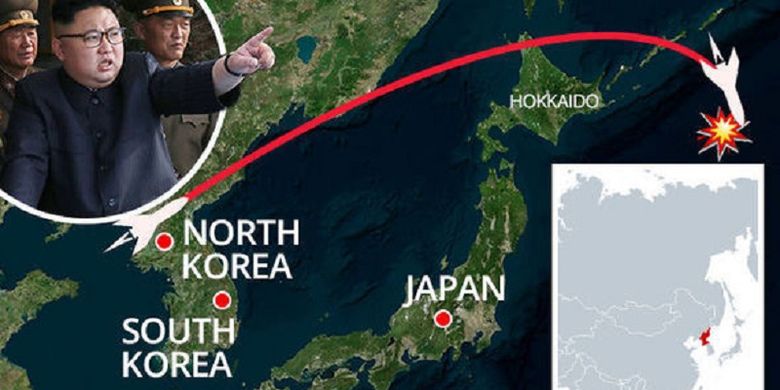 Lintasan jelajah rudal Korea Utara yang melewati Hokkaido, Jepang, Selasa (29/8/2017) pagi