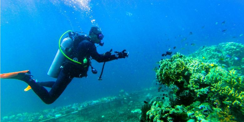 Seorang wisatawan sedang mengambil gambar di perairan bawah laut Pantai Bangsring, Banyuwangi, Jawa Timur.