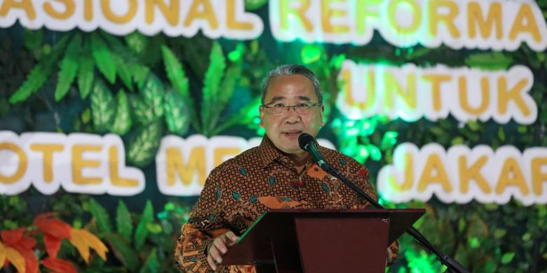 Menteri Desa PDTT, Eko Putro Sandjojo menyampaikan sambutan dalam Rembug Nasional Reforma Agraria di Hotel Media Jakarta,, Rabu (19/9/18)