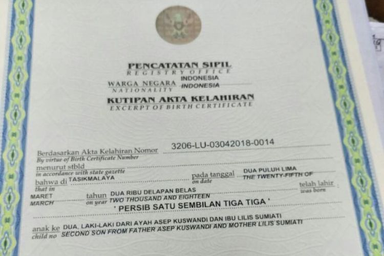 Akta kelahiran Persib Satu Sembilan Tiga Tiga