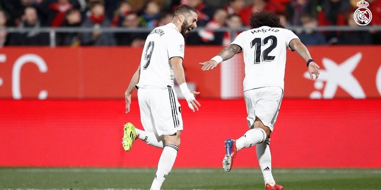Karim Benzema dan Marcelo merayakan gol pada laga leg kedua babak perempat final Copa del Rey antara Girona vs Real Madrid.