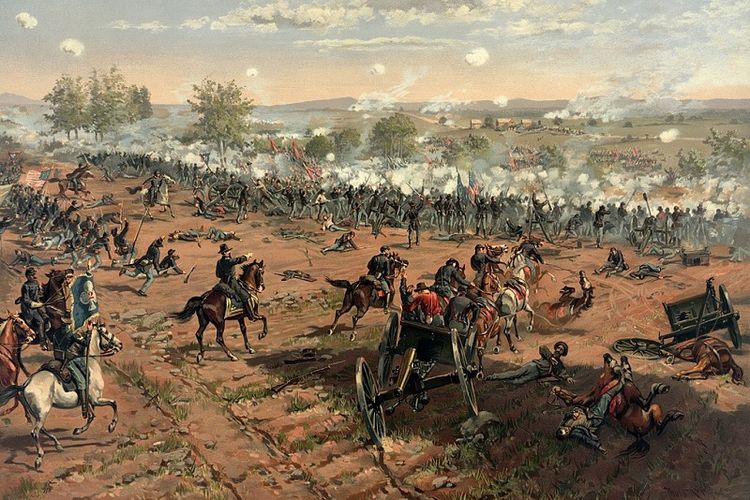 Serbuan pasukan Jenderal Pickett dalam pertempuran Gettysburg menurut versi pelukis Thure de Thulstrup (1848-1930).