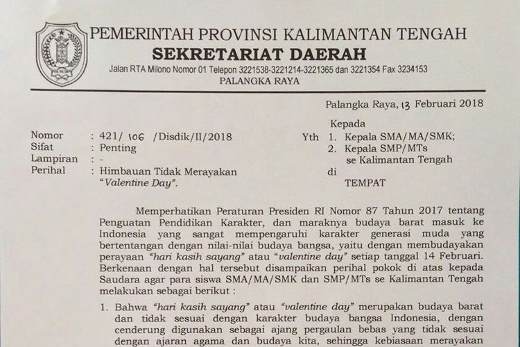 Surat Sekda Kalimantan Tengah, yang berisi imbauan untuk tak merayakan valentine.