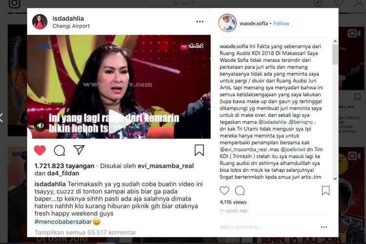 Akun @waode.sofia memberi penjelasan tentang situasi yang terjadi pada audisi Kontes Dangdut Indonesia (KDI) 2018 yang kemudian menjadi polemik.