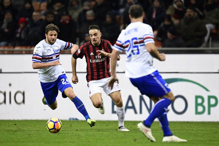Gelandang AC Milan Giacomo Bonaventura dibayang-bayangi bek Sampdoria Bartosz Bereszynski pada pertandingan Serie A di San Siro, Minggu (18/2/2018). 