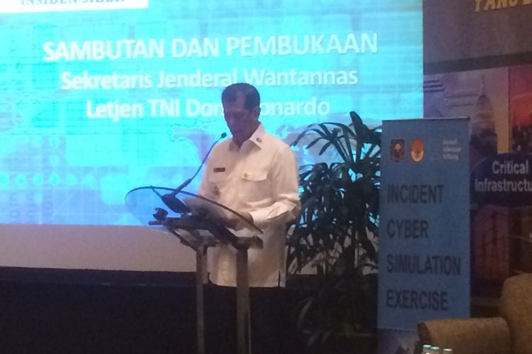 Sekretaris Jenderal Ketahanan Nasional (Sekjen Wantannas) Doni Monardo di acara latihan simulasi insiden siber Hotel Grand Hyatt, Jakarta Pusat, Selasa (24/7/2018).