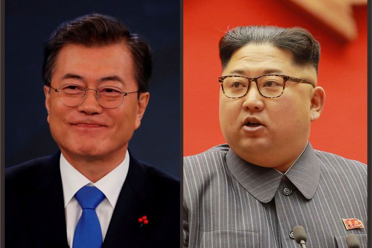 Presiden Korea Selatan Moon Jae-in (kiri) dijadwalkan bertemu dengan Pemimpin Tertinggi Korea Utara Kim Jong Un (kanan) pada 27 April 2018 mendatang.