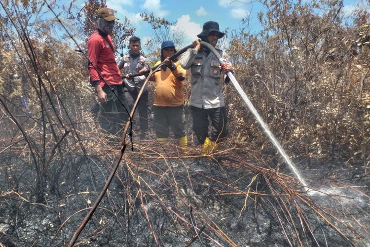 Tim satgas karhutla dan masyarakat berupaya mematikan api kebakaran lahan gambut di Kelurahan Pergam, Kecamatan Rupat Utara, Kabupaten Bengkalis, Riau, Rabu (20/2/2019).