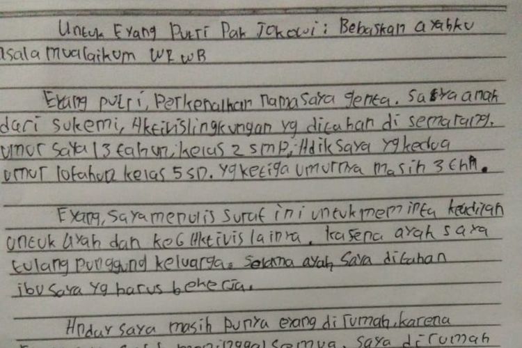 Surat yang ditulis oleh Genta (13) untuk Ibunda Joko Widodo, Sudjiatmi, berisi tentang keinginannya agar ayahnya, Sukemi dibebaskan dari penjara.