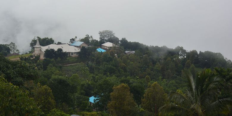 Gedung Gereja Paroki Santo Freidemetz Wajur, Desa Wajur, Kecamatan Kuwus, Kabupaten Manggarai Barat, Flores, NTT, Rabu (2/1/2019). Tumbuh liar Edelweis di lereng bukit di sekitar Paroki tersebut. 