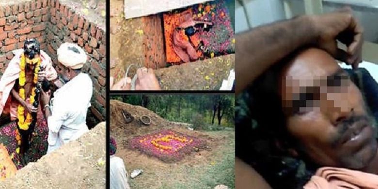 Potongan gambar video memperlihatkan pria bernama Deeraj Kharol dikubur hidup-hidup dalam sebuah ritual, dan diselamatkan setelah delapan jam.