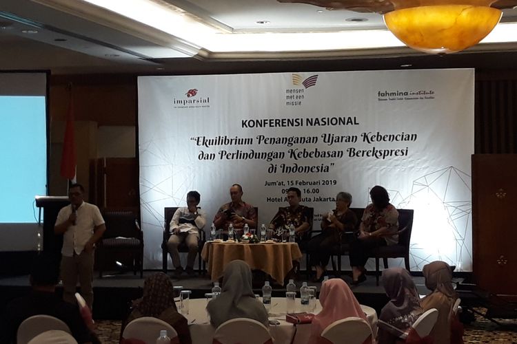 Konferensi nasional Ekuilibrium Penanganan Ujaran Kebencian dan Perlindungan Kebebasan Berekspresi di Indonesia, di Jakarta, Jumat (15/2/2019).