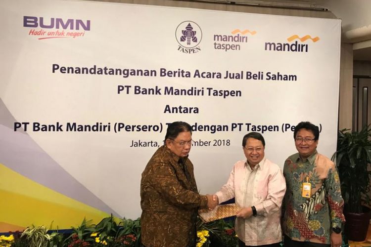 Penyuntikan modal kepada Bank Mantap oleh Bank Mandiri dan Taspen di Jakarta, Selasa (18/12/2018).