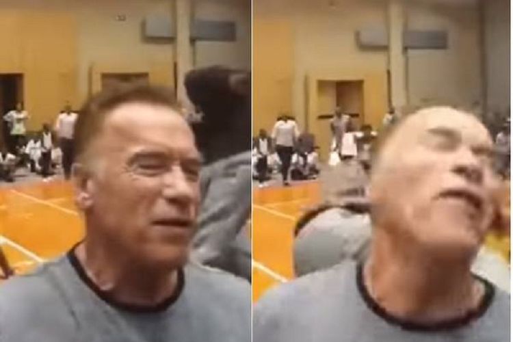 Potongan video ini memperlihatkan detik-detik ketika aktor Hollywood Arnold Schwarzenegger ditendang dari belakang.