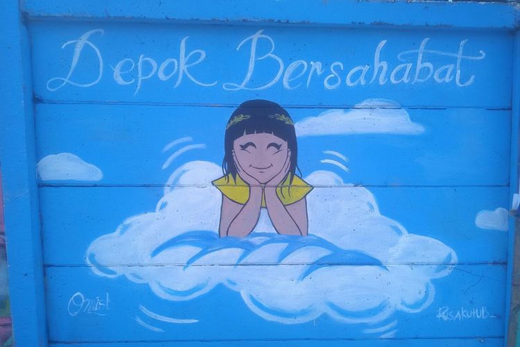 Salah satu bagian tembok yang sudah selesai dikerjakan oleh komunitas mural di Kota Depok bersama masyarakat sekitar, Jalan Ir Juanda, Kota Depok, Selasa (8/5/2018).