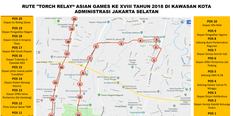 Rute torch relay Asian Games 2018 di Jakarta Selatan yang akan digelar pada 15 Agustus 2018.