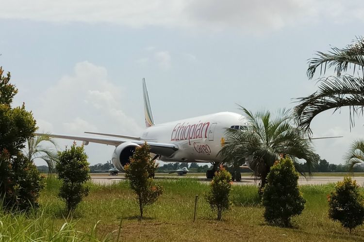 Pesawat Ethiopian Airline callsign ETH3728 melakukan penerbangan dari Addis Ababa menuju Hongkong, dipaksa mendarat di Bandara Hang Nadim, Batam, Kepulauan Riau sekitar pukul 09.33 WIB, Senin (14/1/2019).