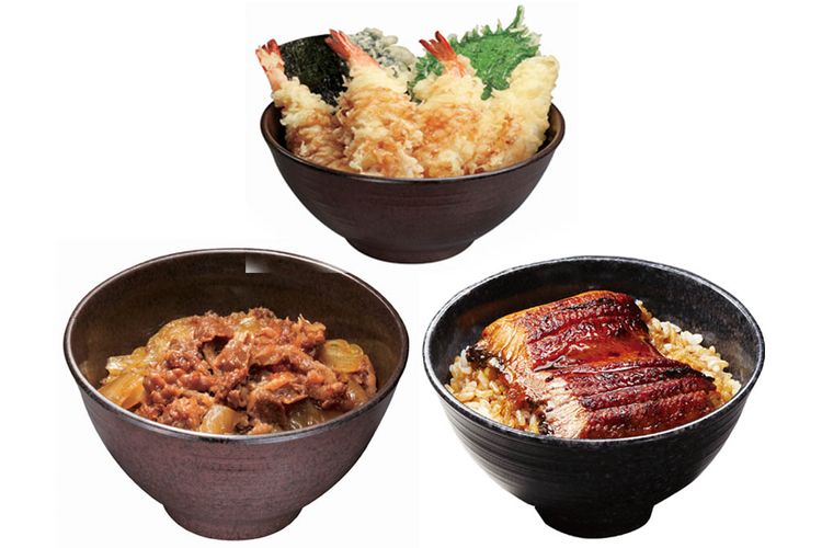 Menu Rice Bowl dengan topping  Beef, Tempura, Unagi, dan banyak lagi. 