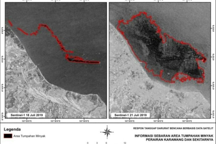 Foto Satelut Lapan sebaran area tumpahan minyak perairan Karawang dan sekitarnya.