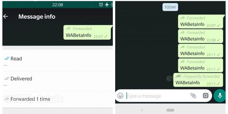 Ilustrasi Forwarded Info (kiri) dan Frequently Forwarded (kanan) di aplikasi WhatsApp