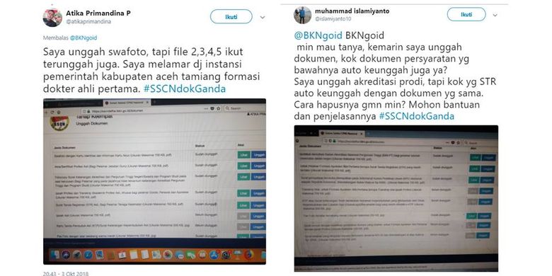 Tangkapan pertanyaan netizen mengenai unggahan dokumen ganda di portal SSCN