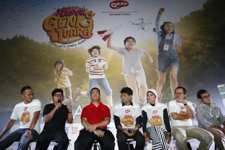 Suasana konferensi pers seusai screening film Naura dan Genk Juara, di CGV Blitz Grand Indonesia, Jakarta, Rabu (8/11/2017). Film ini bercerita tentang petualangan Naura (Adyla Rafa Naura Ayu) bersama Okky (Joshua Rundengan), Kipli (Adryan Sulaiman Bima), dan Bimo (Vickram Priyono), menggagalkan usaha pencurian satwa liar.