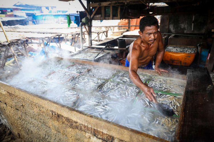 Pekerja memasak ikan asin sebelum dijemur di Kawasan Muara Angke, Jakarta Utara, Rabu (10/1/2018). Kementerian Kelautan dan Perikanan menaikan target perikanan tangkap tahun 2018 sebesar 9,45 juta ton dari target tahun sebelumnya yang hanya sebesar 7,8 juta ton.