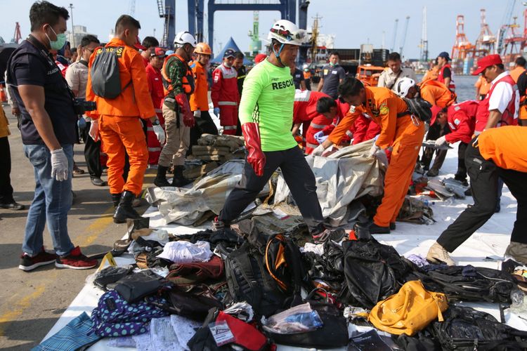 Petugas memilah serpihan pesawat dan barang penumpang pesawat Lion Air JT 610 di Dermaga JICT 2, Tanjung Priuk, Jakarta Utara, senin (29/10/2018). Pesawat Lion Air JT 610 rute Jakarta - Pangkal Pinang jatuh di perairan Pantai Karawang, Jawa Barat. Pesawat membawa yang jatuh di perairan Pantai Karawang mengangkut 181 penumpang.