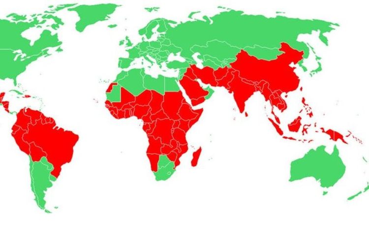 Peta warna merah menunjukkan malaria masih menjadi masalah di banyak negara di dunia.
