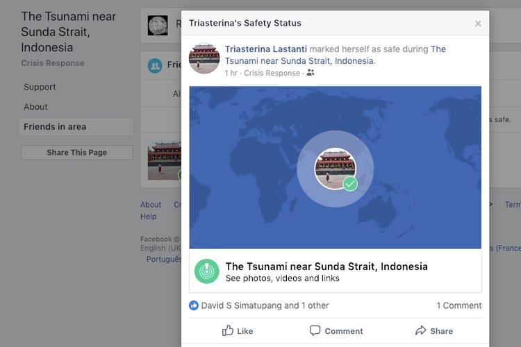 Fitur Safety Check yang aktif setelah tsunami di Banten, Sabtu (22/12/2018) malam.