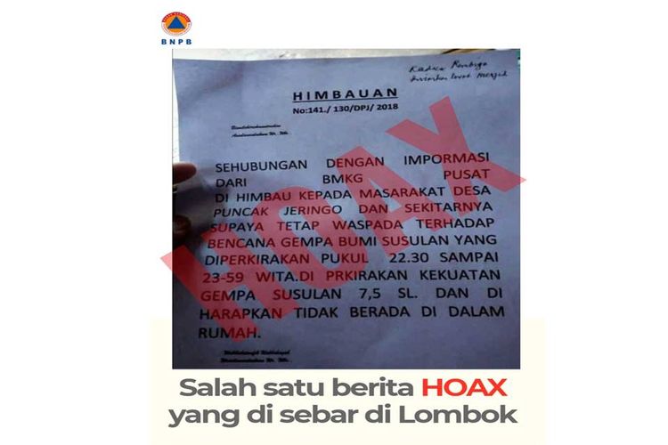 HOAKS Selebaran tentang gempa susulan di Lombok.