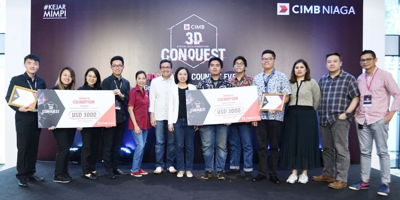 CIMB Niaga mengumumkan 10 tim terbaik kejuaraan CIMB 3D Conquest In Country Hackathon ? Indonesia untuk kategori Data Science dan Financial Technology (FinTech) di Jakarta, Jumat-Sabtu (7-8/12/2018).