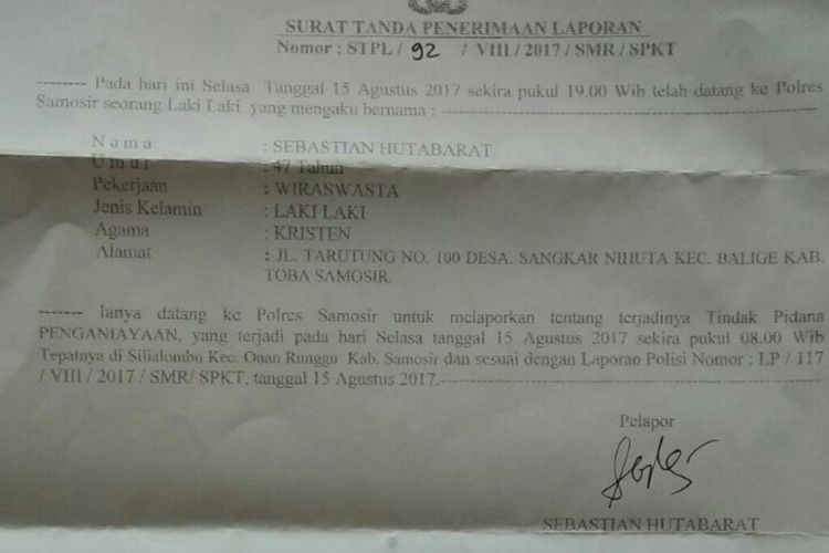 STPL laporan pengaduan Sebastian Hutabarat di Polres Samosir pada Selasa (15/8/2017) kemarin.