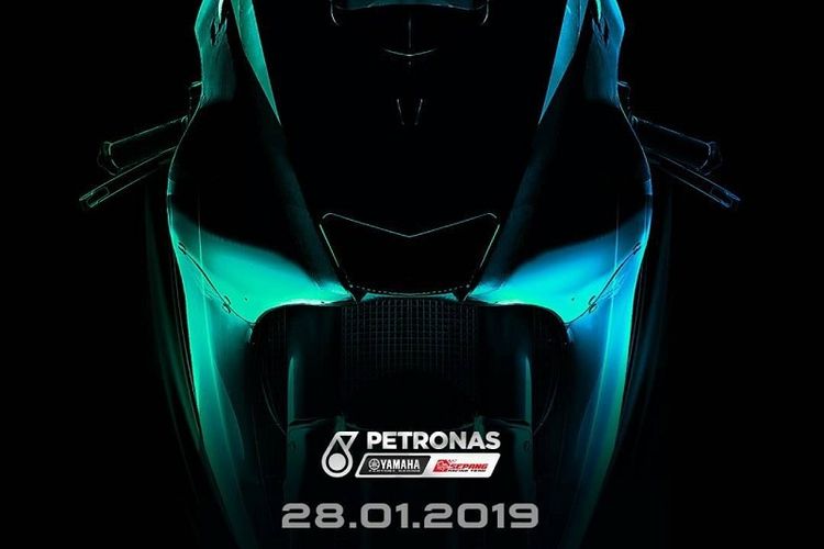 Siluet motor balap tim Petronas Yamaha Sepang yang diluncurkan di Menara Petronas, Kuala Lumpur, Malaysia, Senin (28/1/2019).