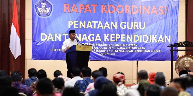 Mendikbud Muhadjir Effendy dalam pembukaan Rakor Penataan Guru dan Tenaga Kependidikan di Jakarta (15/11/2018).