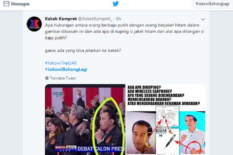 Tangkapan layar Twitter soal tudingan Jokowi memakai earplug sebagai alat bantu komunikasi dan seolah-olah berbicara dengan Abdul Kadir Karding. 