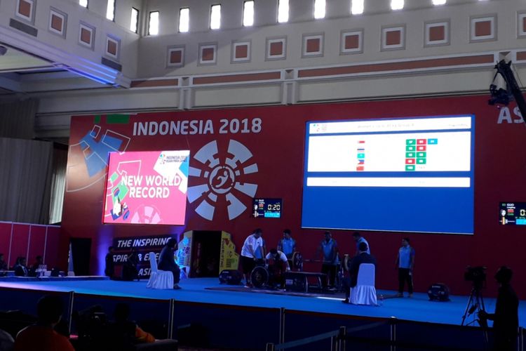 Rekor dunia baru yang dicetak atlet Para Angkat Berat China, Guo Lingling yang turun di kelas wanita sampai dengan 45 kilogram, Asian Para Games 2018 di Balai Sudirman, Tebet, Jakarta Selatan, Minggu (7/10/2018).