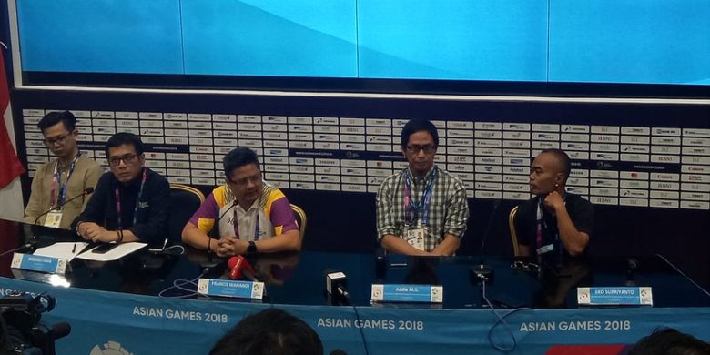 Konferensi pers seremoni penutupan Asian Games di JCC, Senin (27/8/2018). 